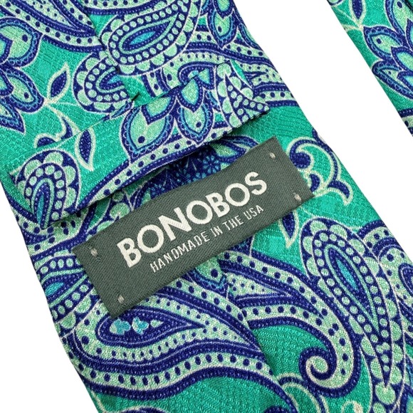 BONOBOS Mens Teal Blue Paisley Silk Tie Handmade in USA 3in Width 59in Length - Picture 5 of 8